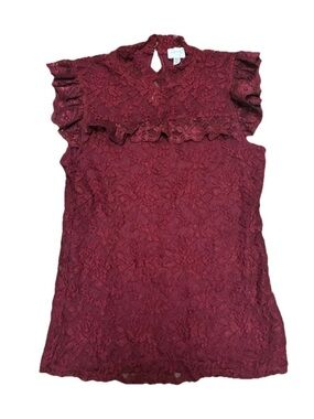 Cupio Burgundy Lace Blouse Size M Ruffle Short Sleeve Sheer Floral Top Romantic